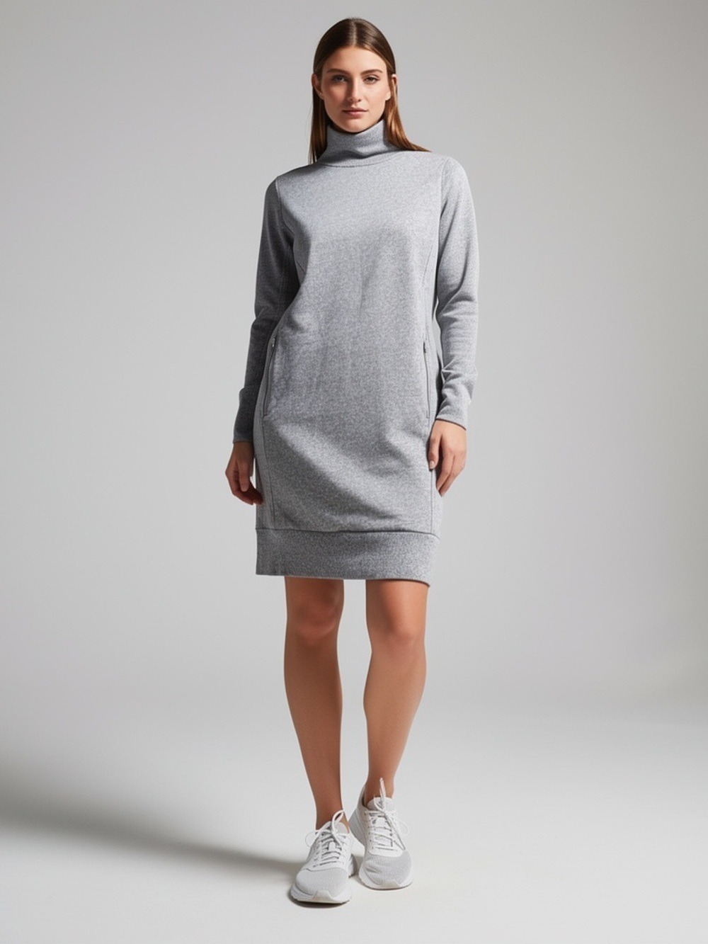 Lou & Grey Turtleneck Sweatshirt Dress LP Gray Zip Pockets Cozy Tunic